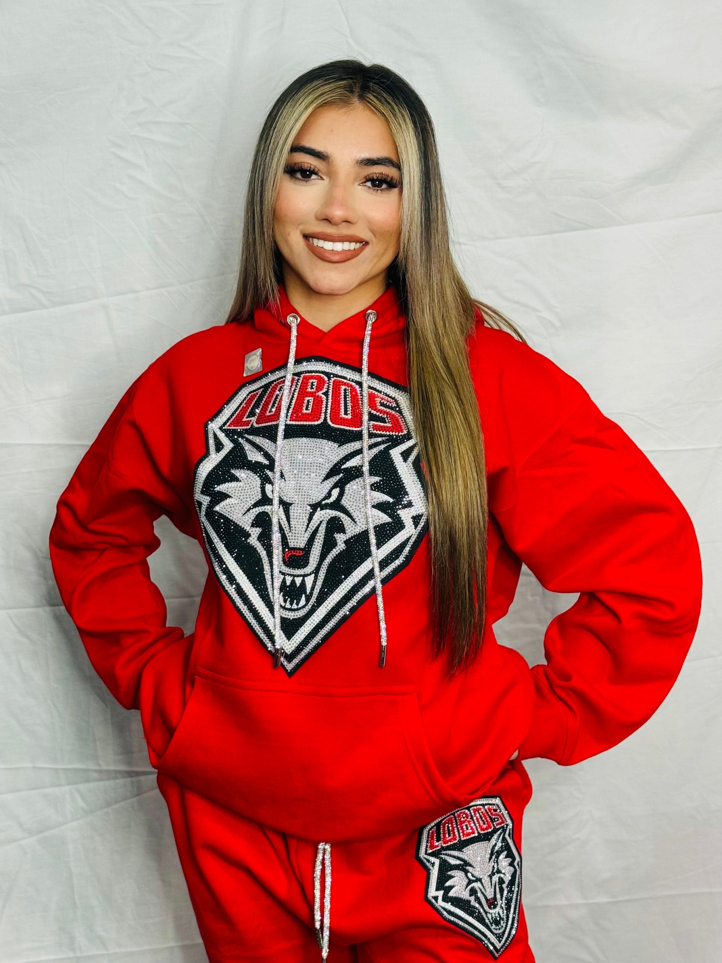 Red New Mexico UNM Lobos Rhinestone Hoodie