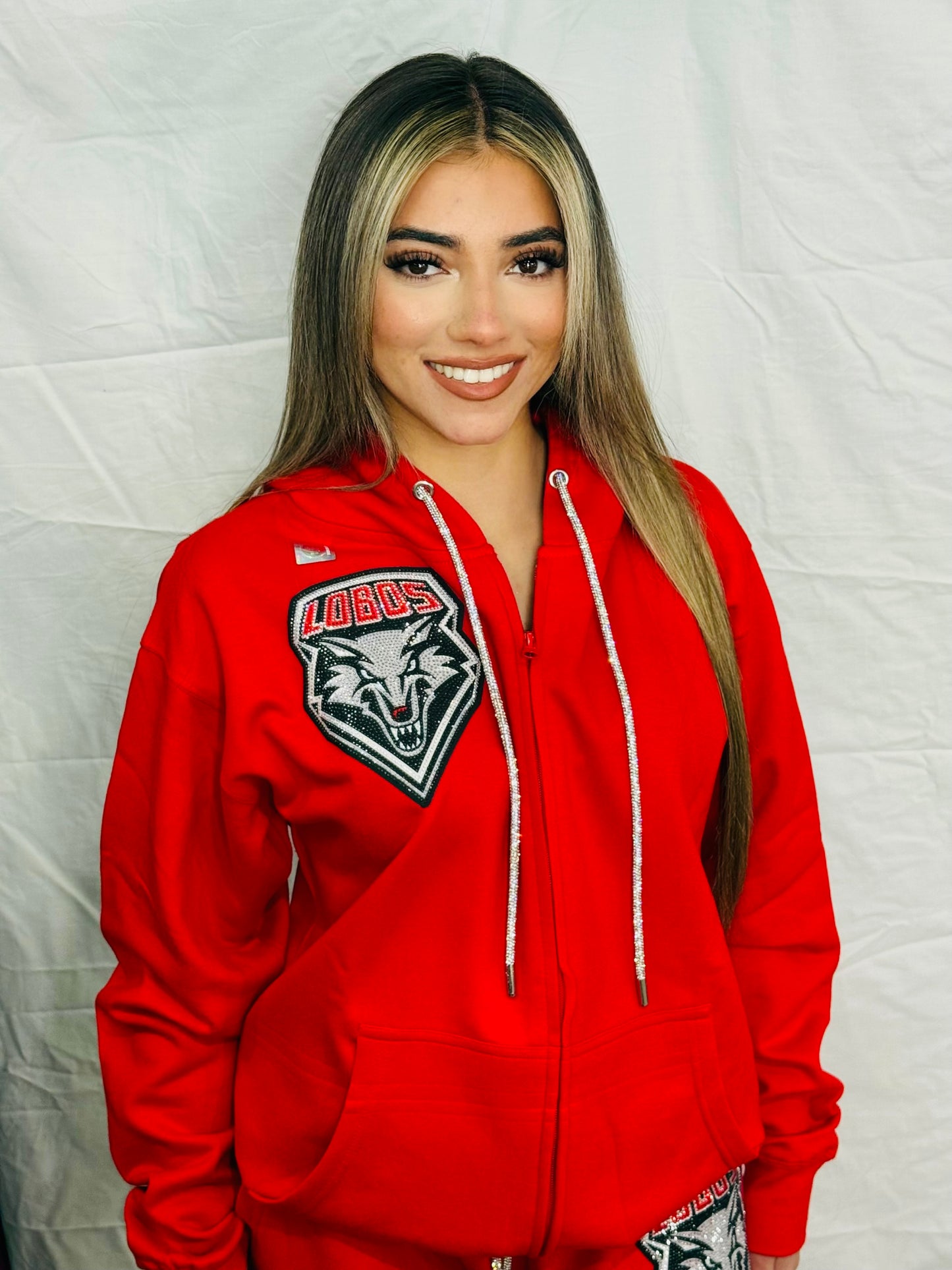 Red UNM Lobos Rhinestone Zip Up Hoodie