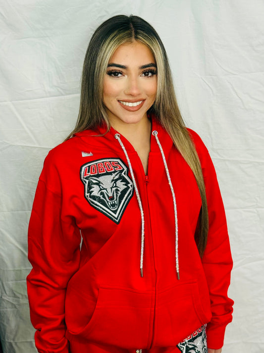 Red UNM Lobos Rhinestone Zip Up Hoodie