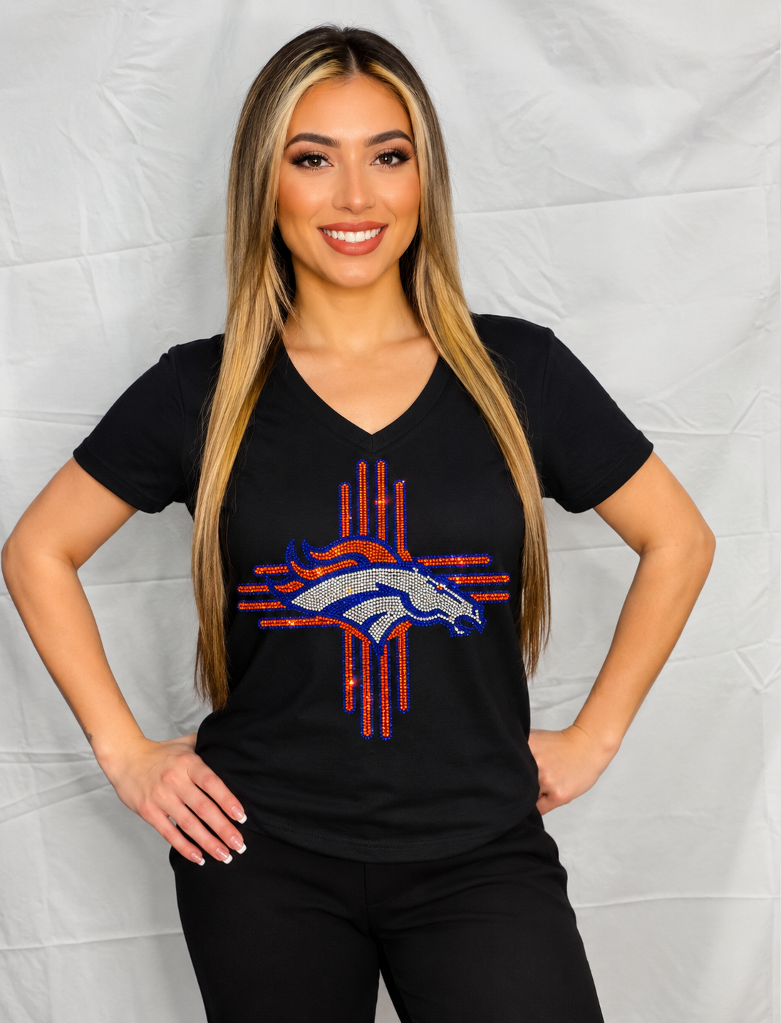Zia Rhinestone Broncos V-Neck T-Shirt