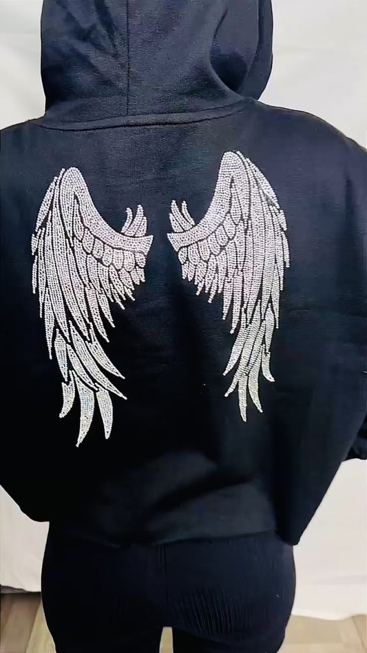 Angel Wing Rhinestone Crop Hoodie