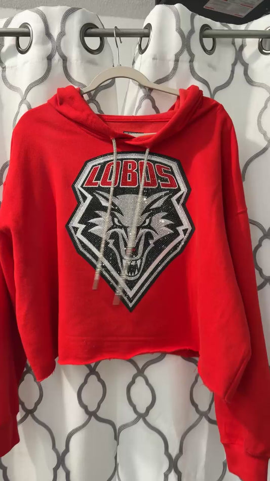Red New Mexico Lobos Crop Rhinestone Hoodie